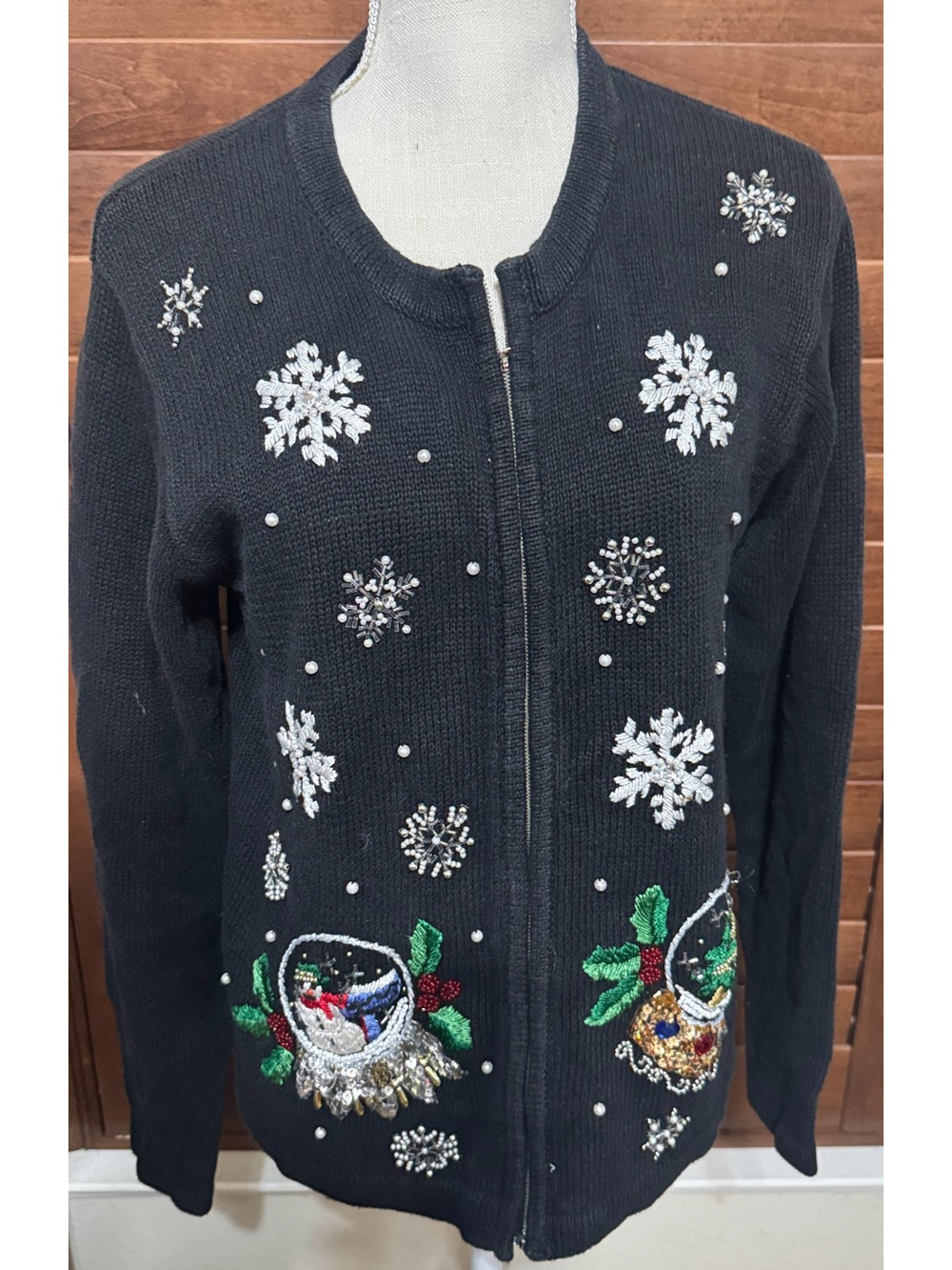 VTG BP Design Black Christmas sweater cardigan Snowflakes embroidered full zip M